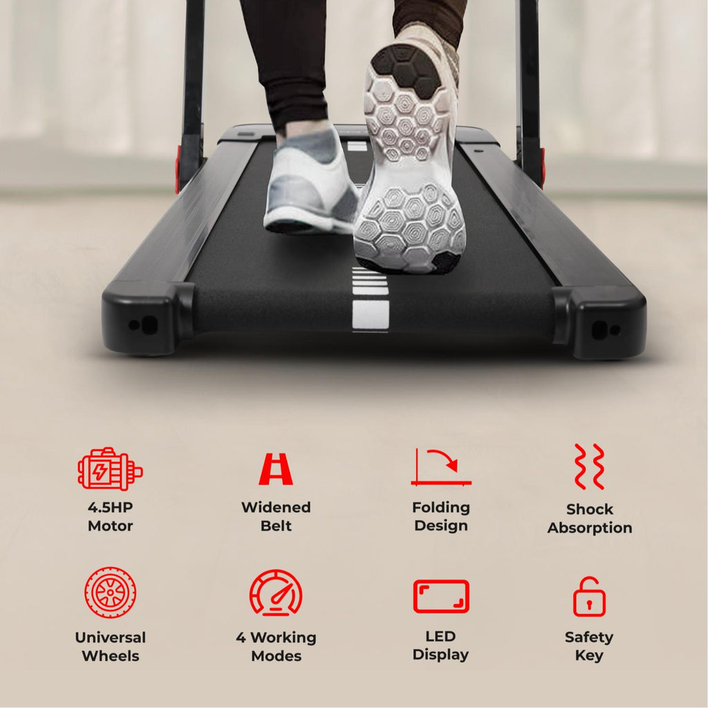 Sport24 1-16 km/h 5 in 1 Folding Treadmill Walking Pad Running Machine with Auto-Incline, Advanced LED Display, Bluetooth, Handlebars, Speakers, Adjustable Work Tray, Apps, 4.5HP Quiet Motor, Remote Control, 3 Years Brand Warranty