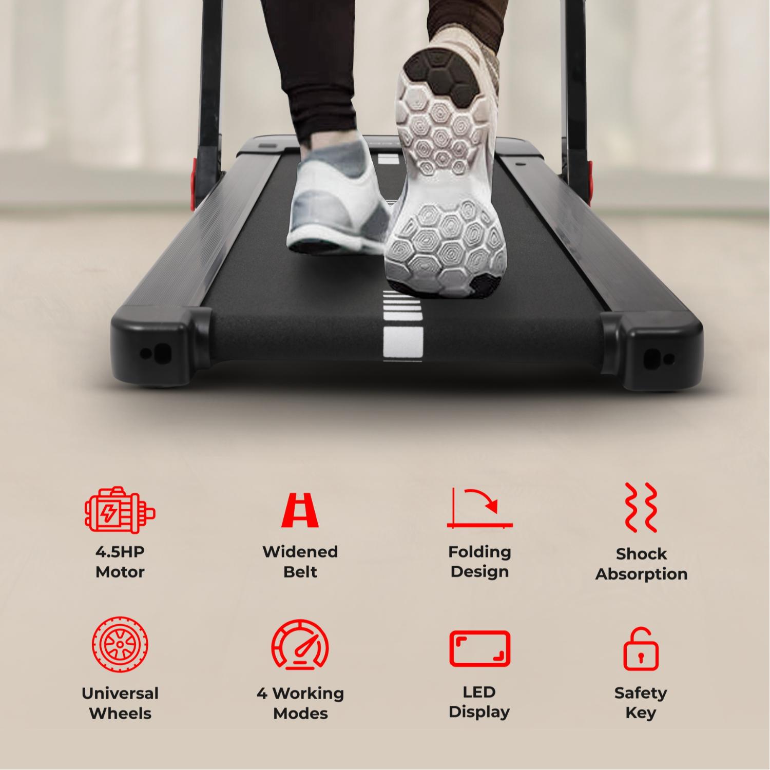 Sport24 1-16 km/h 5 in 1 Folding Treadmill Walking Pad Running Machine with Auto-Incline, Advanced LED Display, Bluetooth, Handlebars, Speakers, Adjustable Work Tray, Apps, 4.5HP Quiet Motor, Remote Control, 3 Years Brand Warranty
