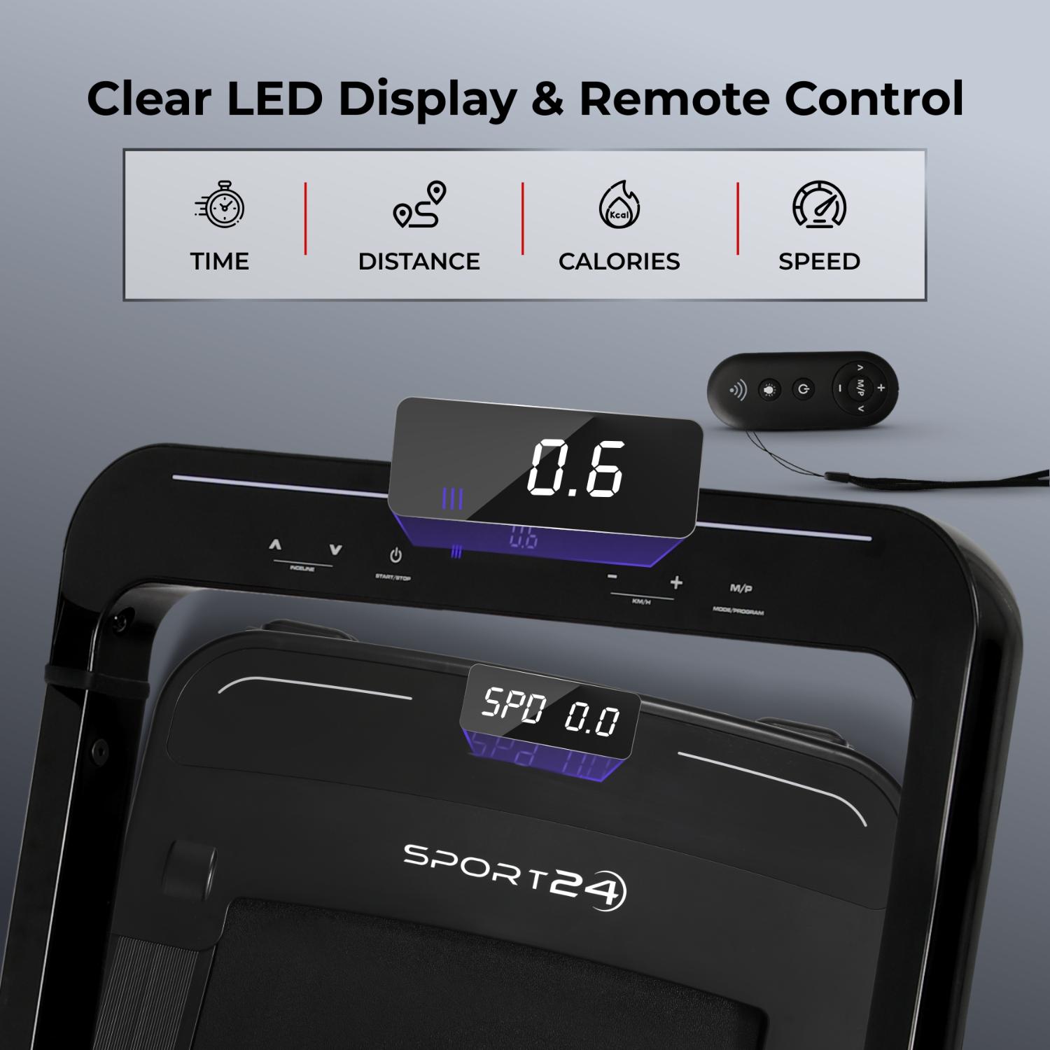 Sport24 1-16 km/h 5 in 1 Folding Treadmill Walking Pad Running Machine with Auto-Incline, Advanced LED Display, Bluetooth, Handlebars, Speakers, Adjustable Work Tray, Apps, 4.5HP Quiet Motor, Remote Control, 3 Years Brand Warranty