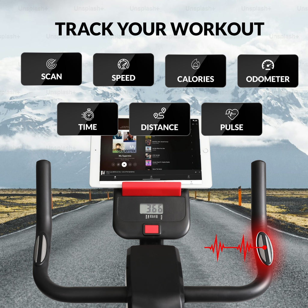Sport24 Premium Upright Exercise Bike for Home - 8kg Flywheel, Multi-Resistance Levels, LCD Screen, Android/iOS App, Cardio Fitness Spin Bike, Indoor Bicycle Trainer, 2 Year Brand Warranty, Black/Red