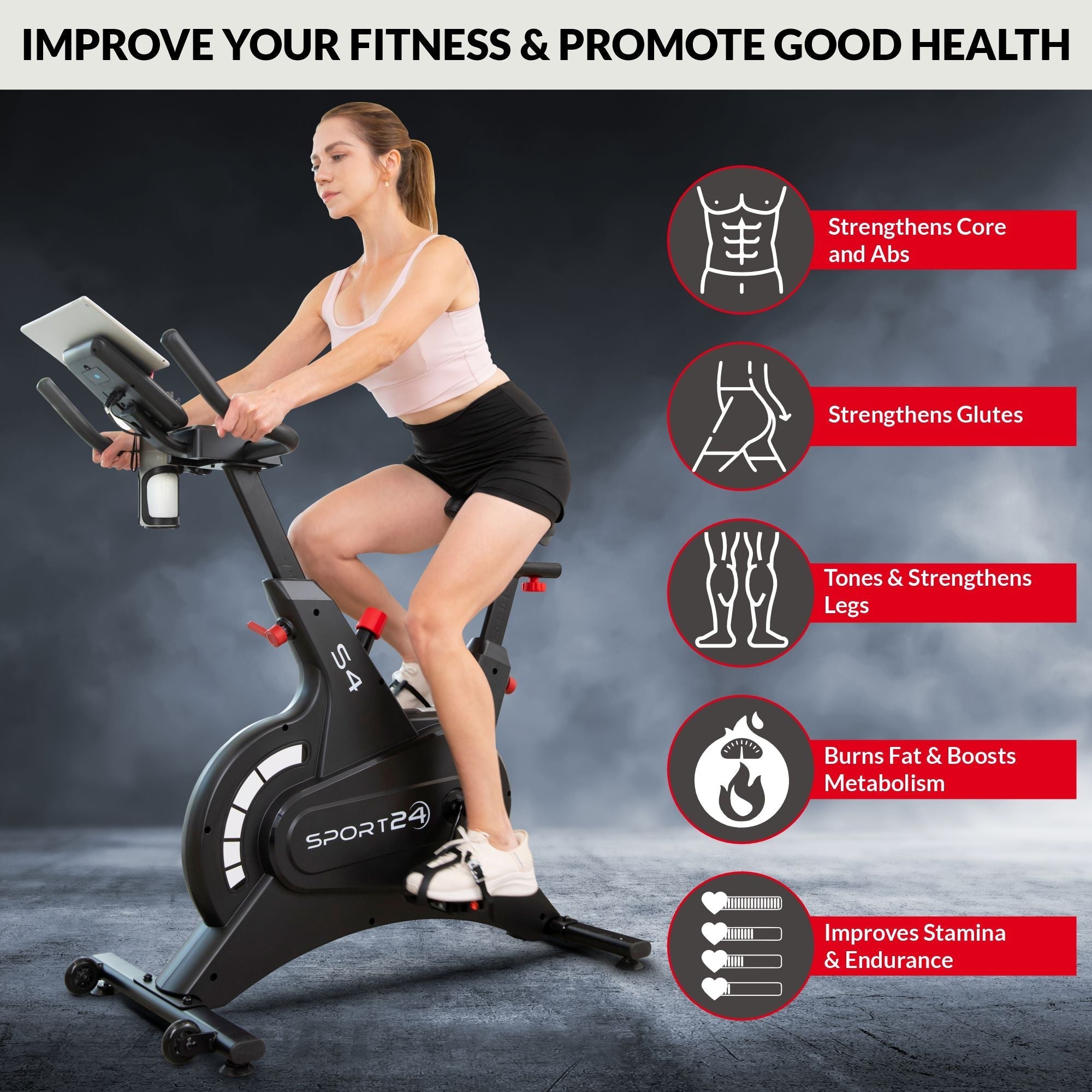 Sport24 Premium Upright Exercise Bike for Home - 8kg Flywheel, Multi-Resistance Levels, LCD Screen, Android/iOS App, Cardio Fitness Spin Bike, Indoor Bicycle Trainer, 2 Year Brand Warranty, Black/Red
