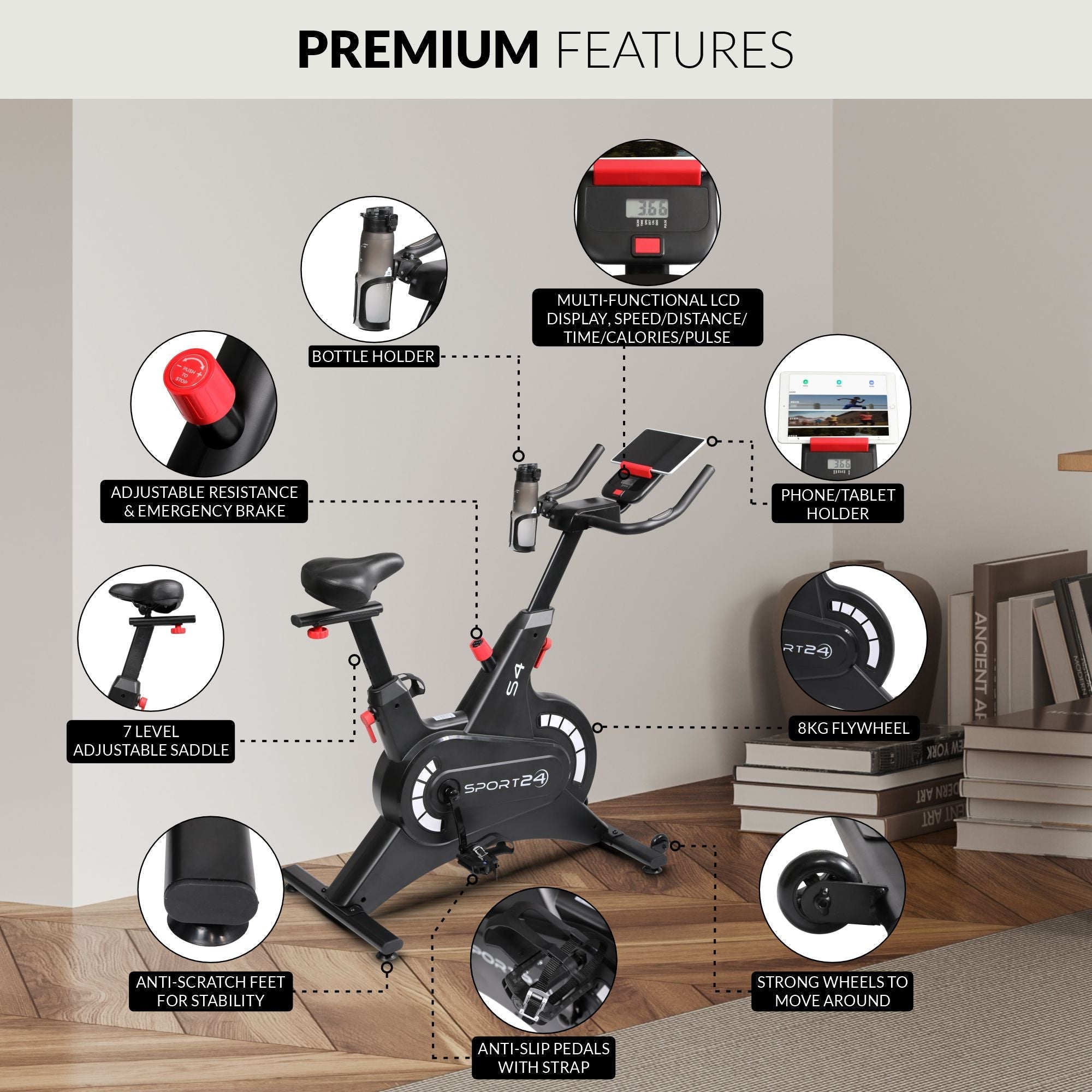 Sport24 Premium Upright Exercise Bike for Home - 8kg Flywheel, Multi-Resistance Levels, LCD Screen, Android/iOS App, Cardio Fitness Spin Bike, Indoor Bicycle Trainer, 2 Year Brand Warranty, Black/Red