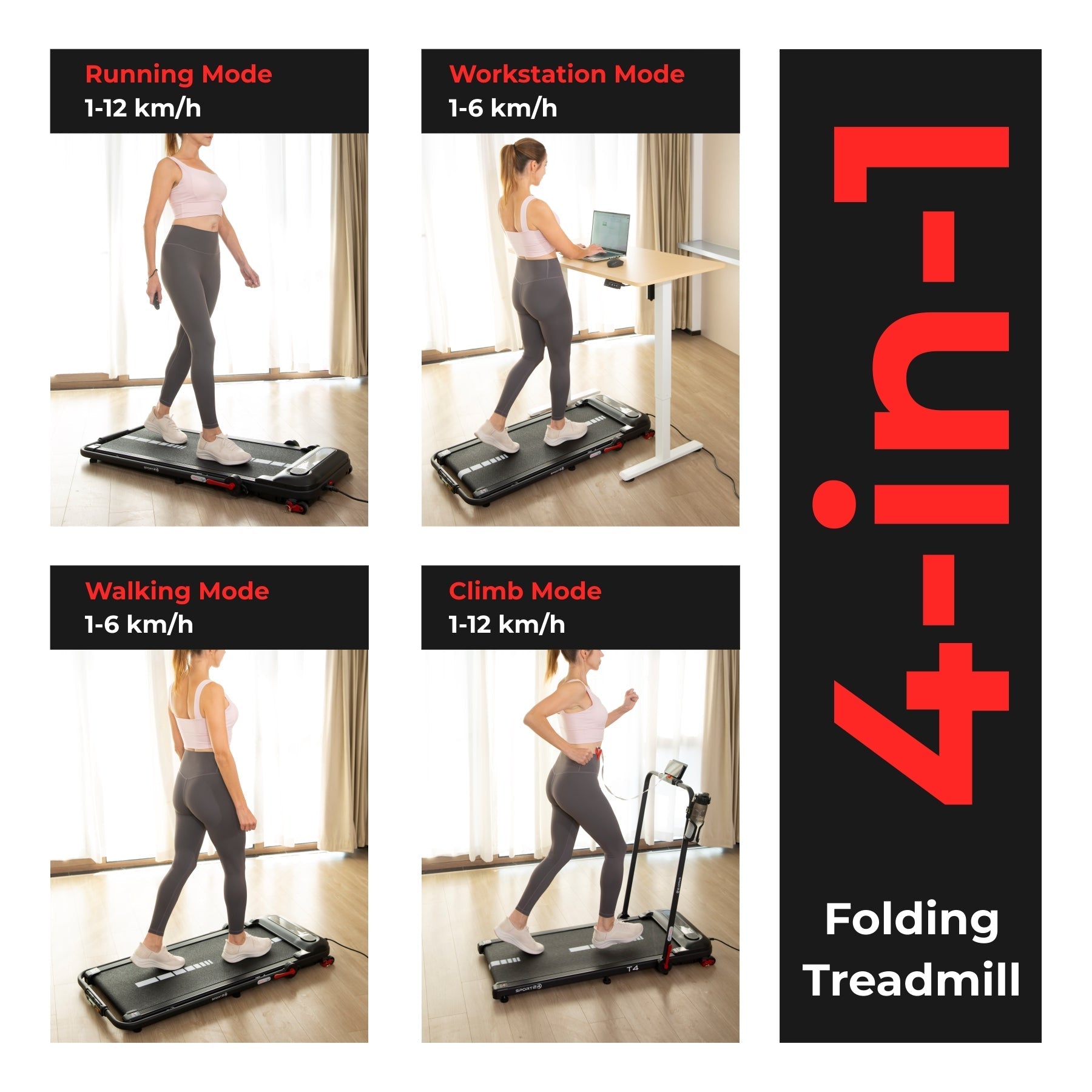 Sports24 Foldable 4-in-1 Walking Pad Treadmill with Incline, 1-12km/h Speed, Handle, LCD Display, App Control, Bluetooth Speaker, Low Noise, Under Desk Running Machine for Home, 2 Years Warranty