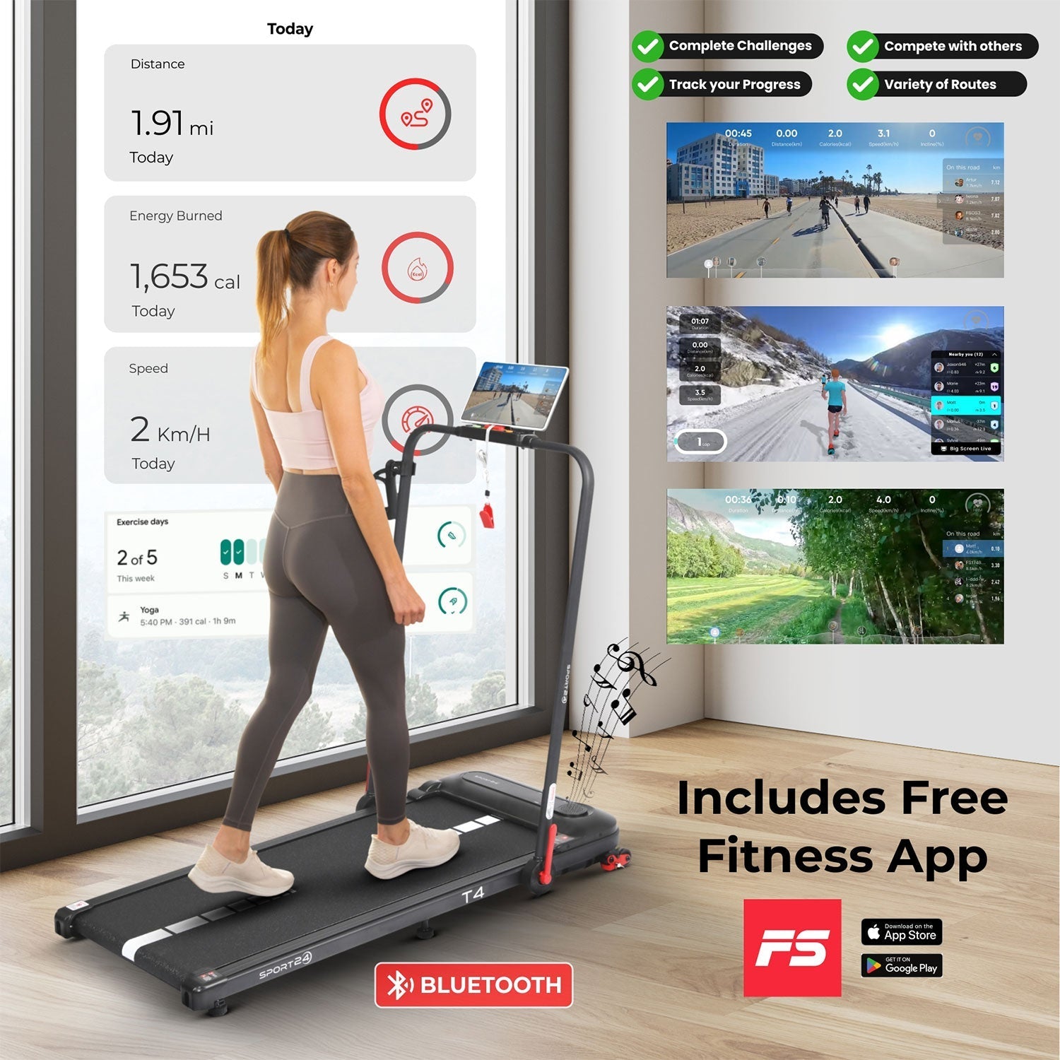 Sports24 Foldable 4-in-1 Walking Pad Treadmill with Incline, 1-12km/h Speed, Handle, LCD Display, App Control, Bluetooth Speaker, Low Noise, Under Desk Running Machine for Home, 2 Years Warranty