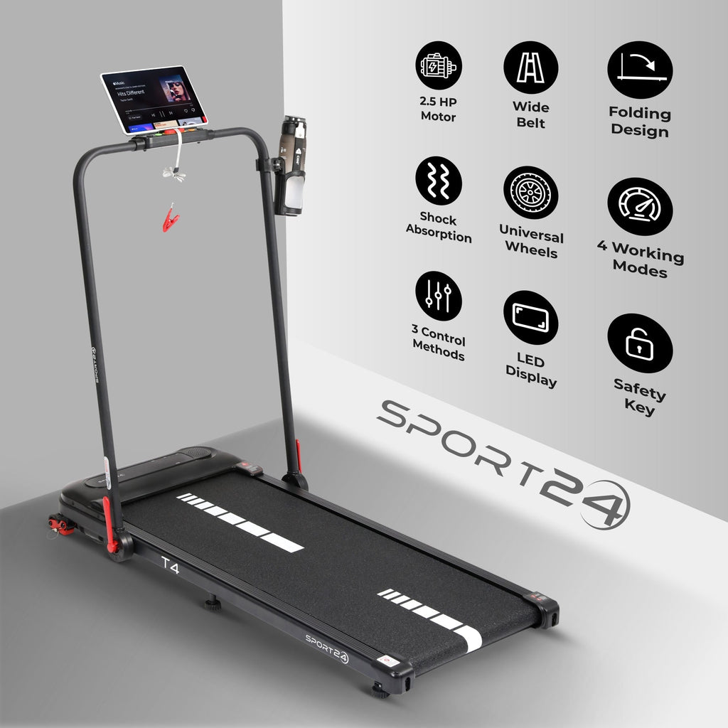 Sports24 Foldable 4-in-1 Walking Pad Treadmill with Incline, 1-12km/h Speed, Handle, LCD Display, App Control, Bluetooth Speaker, Low Noise, Under Desk Running Machine for Home, 2 Years Warranty