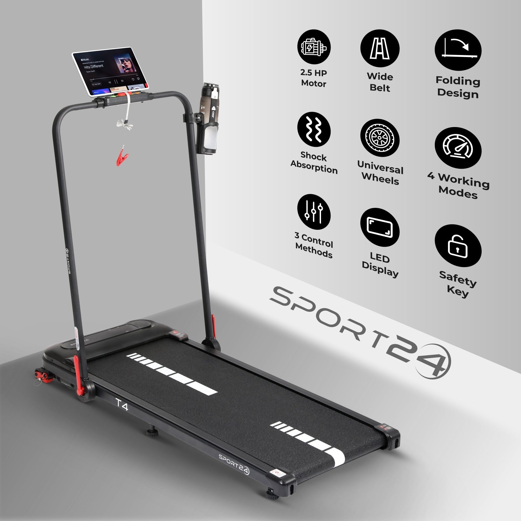 Sports24 Foldable 4-in-1 Walking Pad Treadmill with Incline, 1-12km/h Speed, Handle, LCD Display, App Control, Bluetooth Speaker, Low Noise, Under Desk Running Machine for Home, 2 Years Warranty
