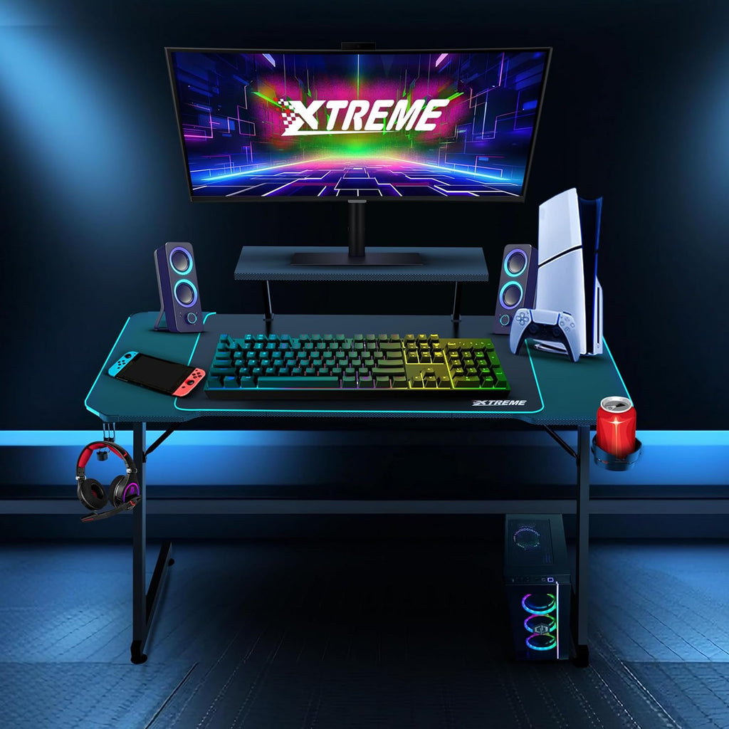XTREME RGB Gaming Desk with Carbon Fibre Effect, Monitor Stand, CPU Holder With Wheels, Z Frame, LED Lights, Cable Management, Headset Hook & Cup Holder