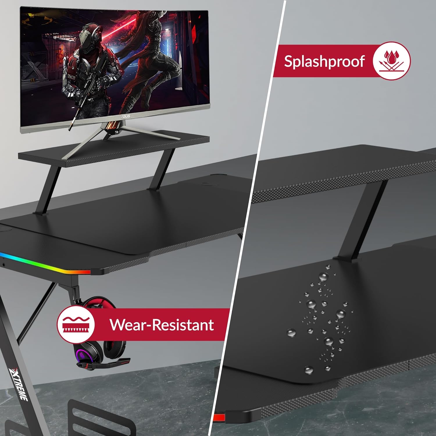 XTREME RGB Gaming Desk with Carbon Fibre Effect, Monitor Stand, CPU Holder With Wheels, Z Frame, LED Lights, Cable Management, Headset Hook & Cup Holder