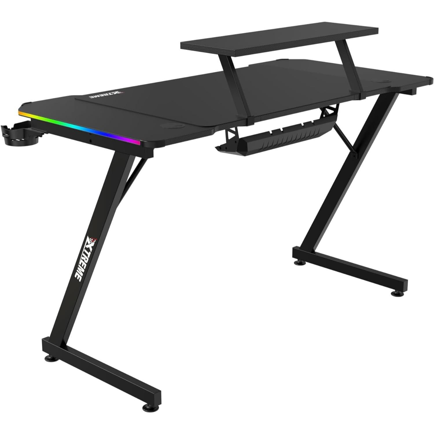 XTREME RGB Gaming Desk with Carbon Fibre Effect, Monitor Stand, CPU Holder With Wheels, Z Frame, LED Lights, Cable Management, Headset Hook & Cup Holder